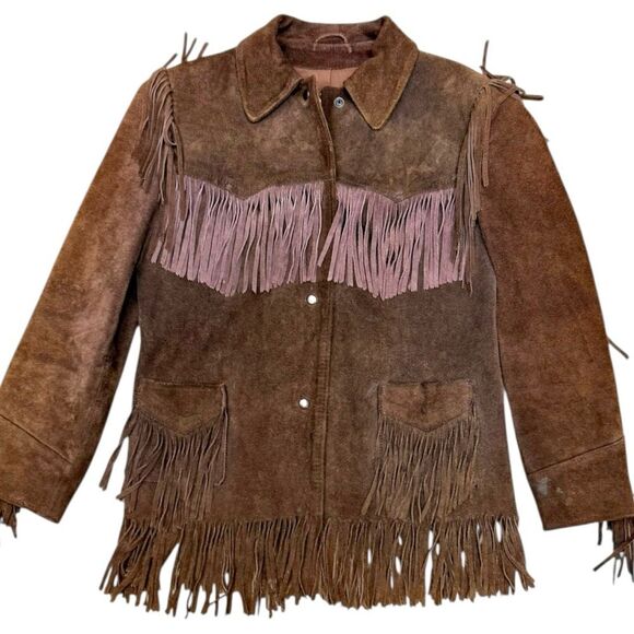 Vintage Brown Suede Leather Fringe Jacket Medium fit Montgomery Ward The Tannery - Picture 11 of 12